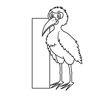 recommend clip art: animal alphabet. capital letter I, ibis. Raster illustration. For pre school education, kindergarten and foreign language learning for kids and children. Coloring page and books, zoo topic.