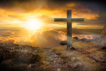 Cross, crucifixion, jesus, christ, easter, on a mountain with a sunset background