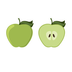 Green Apple's flat style. Fruits whole and sliced.