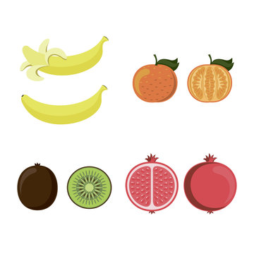 Set fruit in the style of flat: banana, Mandarin, kiwi, pomegranate.