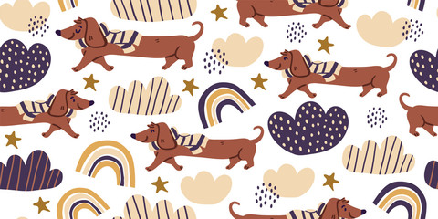 Vector seamless pattern with cute dachshund dogs