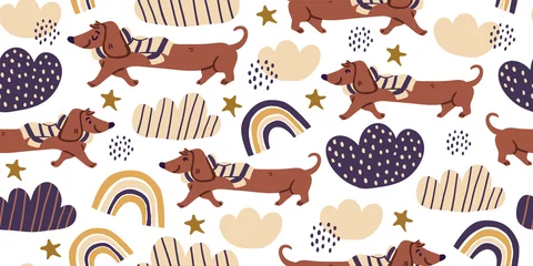 Wall murals Dogs Vector seamless pattern with cute dachshund dogs