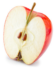 One ripe red apple isolated on white background. Half apple clipping path..