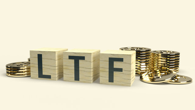 The ltf text on wooden cube and coins 3d rendering  for Business content.