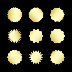 Gold shiny sale stickers set isolated on black background. Promo product golden metal labels template, starburst, sunburst badges. Vector design elements for price tag, quality mark, web design