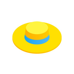 Isometric yellow women summer hat with blue ribbon isolated on white background. Tourist cap icon. Traveler head accessory vector illustration.