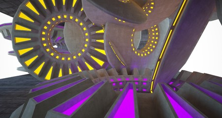 Architectural background. Abstract concrete interior with discs.Colored gradient neon lighting. 3D illustration and rendering.