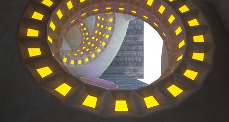 Architectural background. Abstract concrete interior with discs.Colored gradient neon lighting. 3D illustration and rendering.