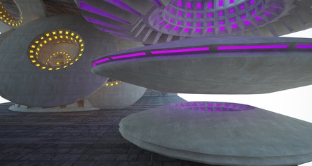 Fototapeta premium Architectural background. Abstract concrete interior with discs.Colored gradient neon lighting. 3D illustration and rendering.