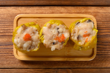 top view traditional Cantonese dium sum of Siu Mai or Steamed pork dumplings