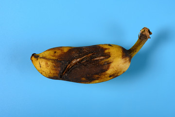 overripe and cracked banana on blue background