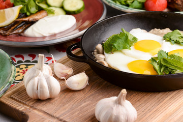 Healthy breakfast and clean eating concept from above. Copy space banner.