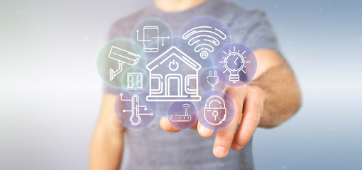 Businessman holding Smart home interface with icon, stats and data 3d rendering