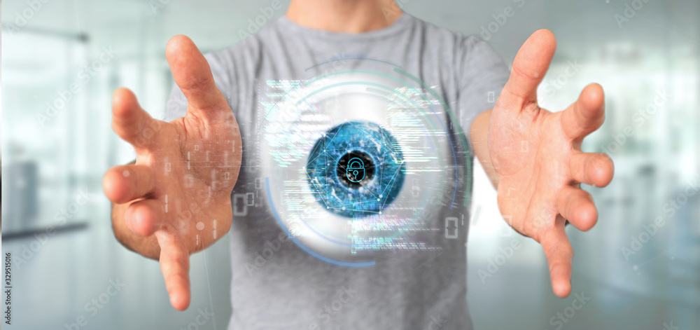 Poster businessman holding a visual recognition eye concept with data - 3d rendering