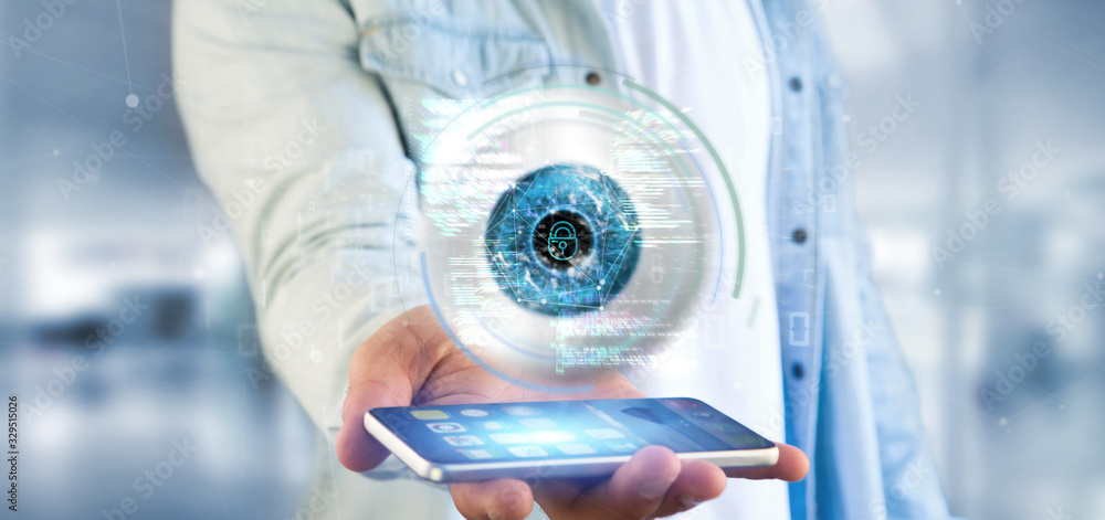 Poster businessman holding a visual recognition eye concept with data - 3d rendering