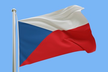 Fototapeta na wymiar Flag of Czech Republic On Flagpole Waving in the Wind. Isolated On Blue Sky Background. 3D Rendering.