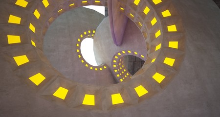 Architectural background. Abstract concrete interior with discs.Colored gradient neon lighting. 3D illustration and rendering.