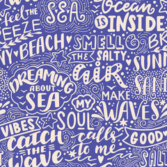 Vector seamless pattern with Sea handwritten letterings and symbols. Hand drawn background