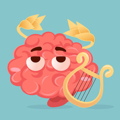 Vector creative illustration of tired pink human brain character with golden laurel wreath and harp on blue background. Flat style education concept design of emotional