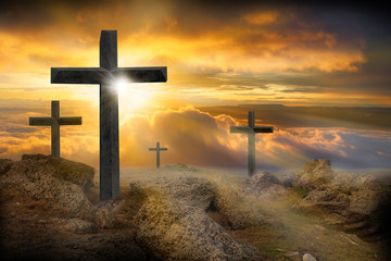 Cross, crucifixion, jesus, christ, easter, on a mountain with a sunset background
