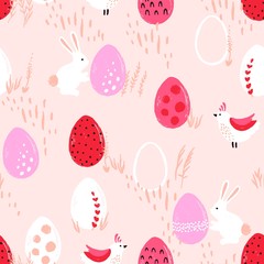 Easter eggs, rabbits and hens in seamless composition. Doodle cute pattern with holiday symbols. Vector illustration for wrapping paper, textile or cover.