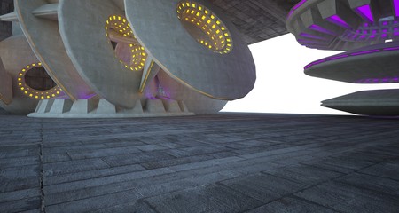 Architectural background. Abstract concrete interior with discs.Colored neon lighting. 3D illustration and rendering.