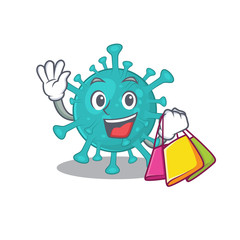 Happy rich corona zygote virus mascot design waving and holding Shopping bag