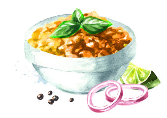 Vegetarian Indian red lentil Dal. Hand drawn watercolor illustration  isolated on white background - obrazy, fototapety, plakaty