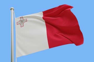 Fototapeta na wymiar Flag of Malta On Flagpole Waving in the Wind. Isolated On Blue Sky Background. 3D Rendering.