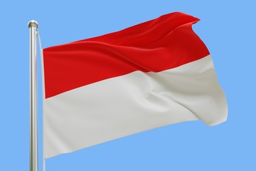 Fototapeta na wymiar Flag of Indonesia On Flagpole Waving in the Wind. Isolated On Blue Sky Background. 3D Rendering.