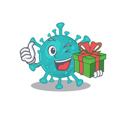 Smiley corona zygote virus cartoon character having a gift box