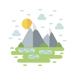 Landscape with mountains and lake in the style of flat.