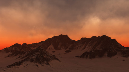 Fototapeta na wymiar Winter mountain landscape with cloudy sky at sunset. Digitally generated image.