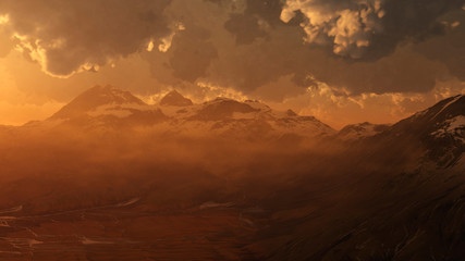 Rugged snowy mountain landscape during cloudy sunset. Digitally generated image.