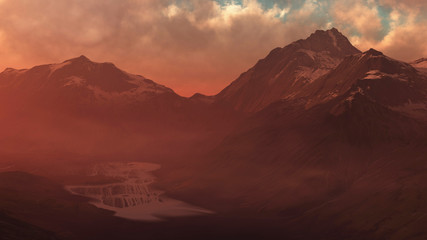 Naklejka na ściany i meble Rugged snowy mountain landscape during cloudy sunset. Digitally generated image.