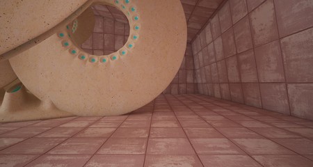 Abstract architectural background. Rusted metal interior with concrete  discs . 3D illustration and rendering.