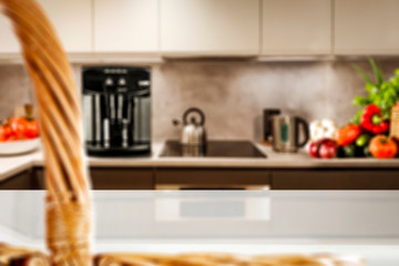 desk of free space and kitchen interior 