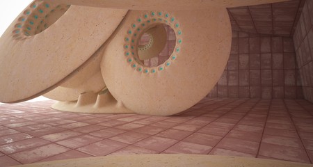 Abstract architectural background. Rusted metal interior with concrete  discs . 3D illustration and rendering.
