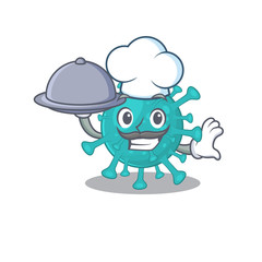 Corona zygote virus as a chef cartoon character with food on tray