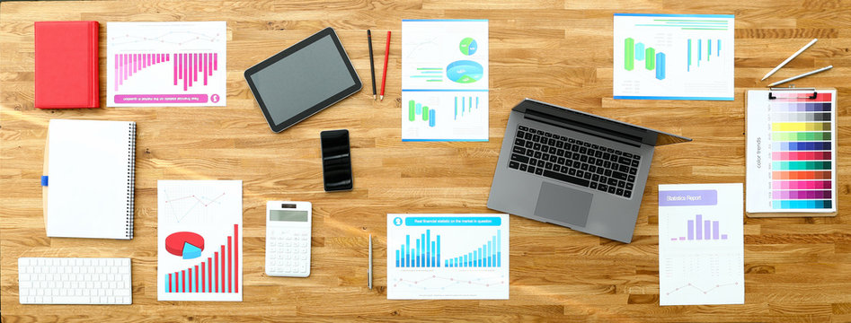 Paper With Business Chart On Wooden Office Table Closeup Background. Finansial Webinar Concept. Site Header Mockup