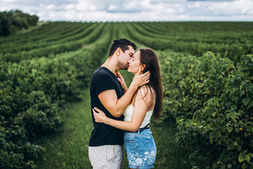 Young loving couple gently hugging on the background of green currant plantations. Love Story