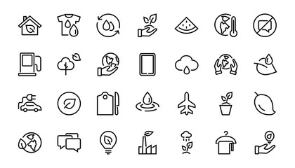 Obraz premium Set of icons on the theme of Ecology, vector lines, contains icons such as electric car, global warming, forest, eco, watering plants and much more. Editable stroke, White background.