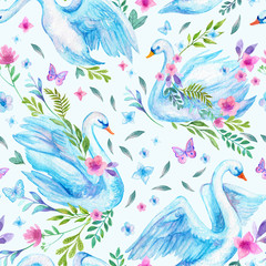 Fototapeta premium Watercolor cute swan lake seamless pattern