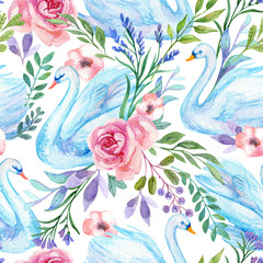 Watercolor swan lake seamless pattern. Beautiful birds with flowers, leaves, berries on white background © Tanya Syrytsyna