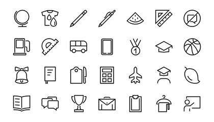 A simple set of school items. Contains icons such as student, award, geography, physical education, geometry and more. On white background. Editable stroke. 480x480