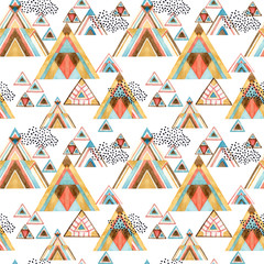 Motif géométrique abstrait sans couture avec des triangles aquarelles dans un style patchwork.