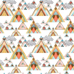  Abstracte geometrische naadloze patroon met aquarel driehoeken in lappendeken stijl. © Tanya Syrytsyna