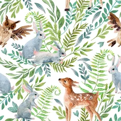 Behang Aquarel baby herten, uilen, kleine konijnen op wilde kruiden en bloemen achtergrond © Tanya Syrytsyna