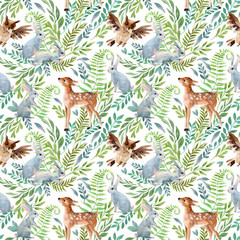 Watercolor baby deer, owl, little rabbits on wild herbs and flowers background