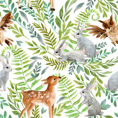 Watercolor baby deer, owl, little rabbits on wild herbs and flowers background © Tanya Syrytsyna